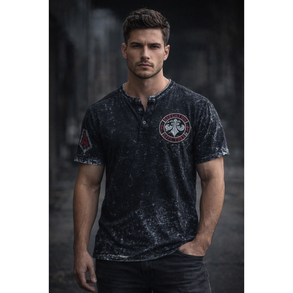 Affliction Mens M Henley Shirt‎ Black Distressed Embroidered Biker Grunge